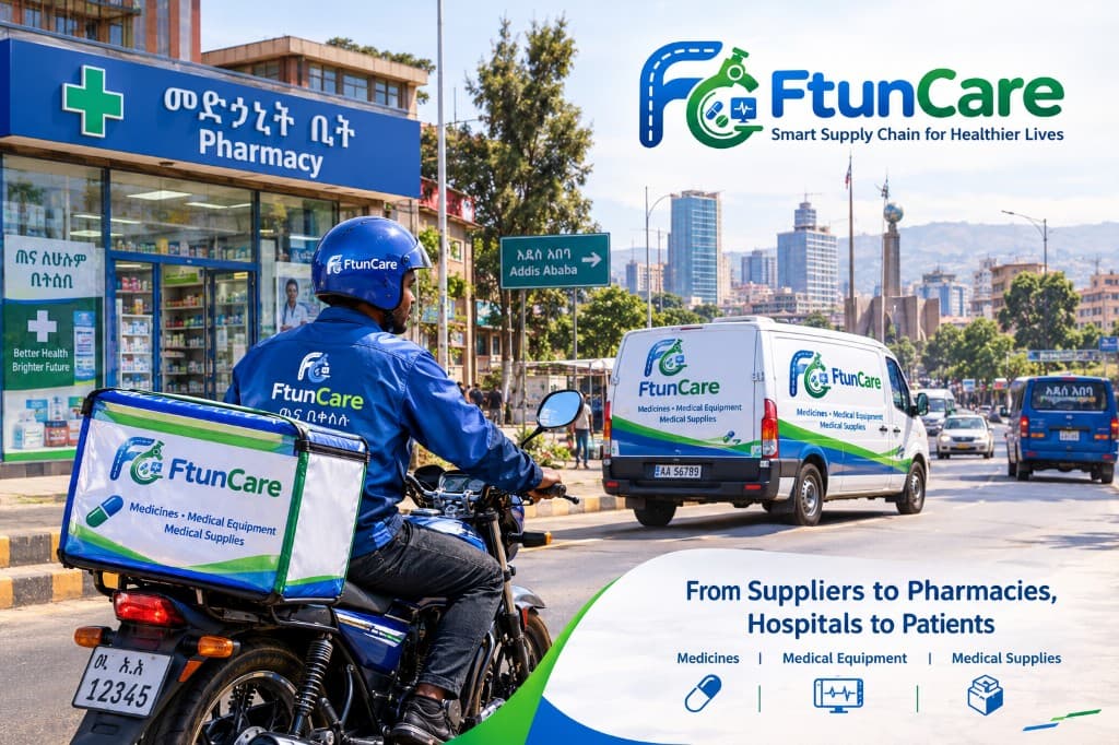 FtunCare delivery motorcycle and van serving pharmacies in Addis Ababa