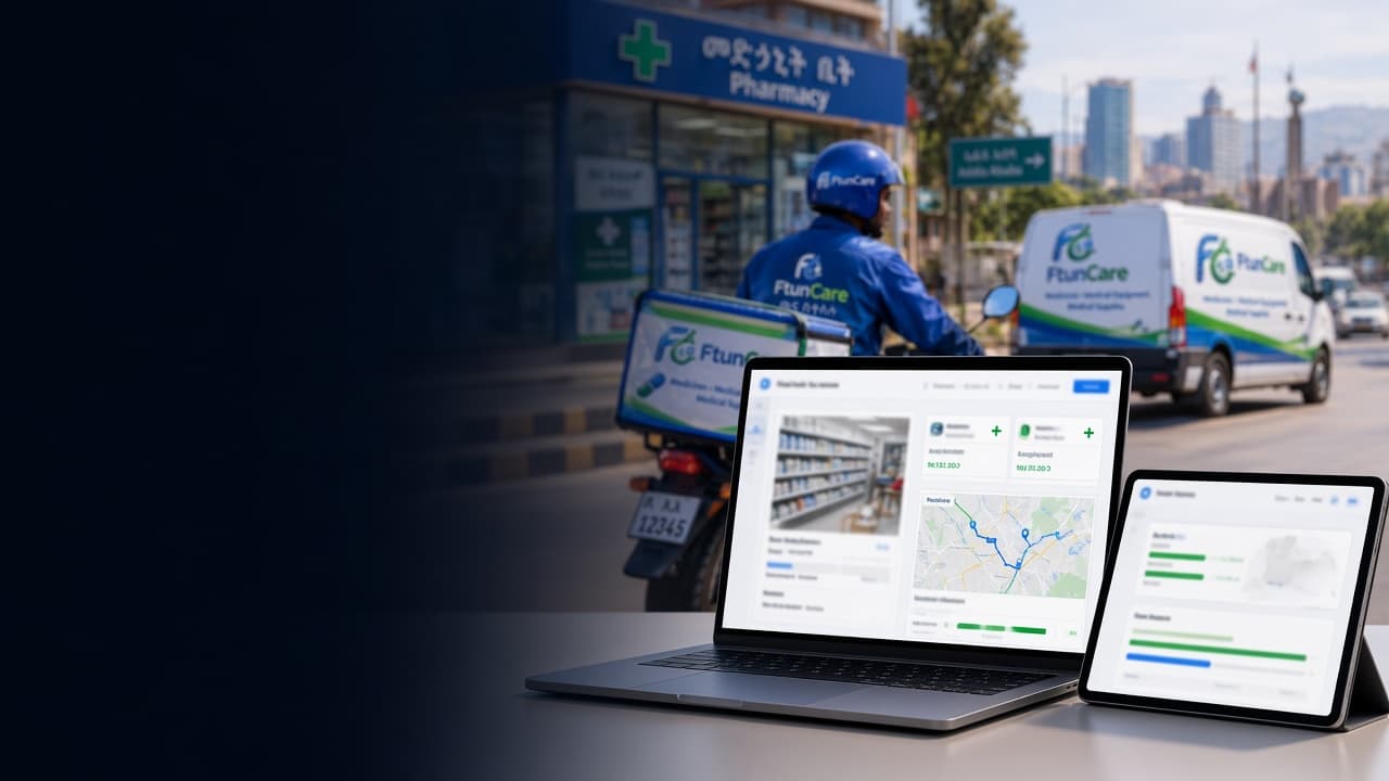 FtunCare platform dashboard connecting pharmacy inventory, supplier offers, delivery, and payments